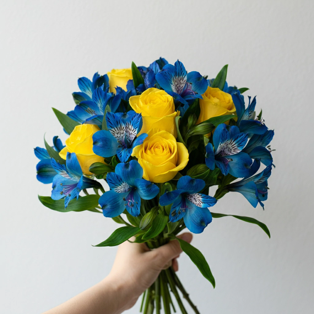 Bouquet 04 rosas amarelas + astromélias azuis