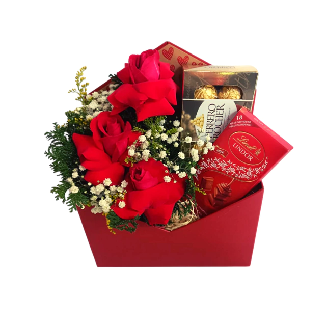 Bouquet 03 rosas vermelhas + Lindt + Ferrero Rocher