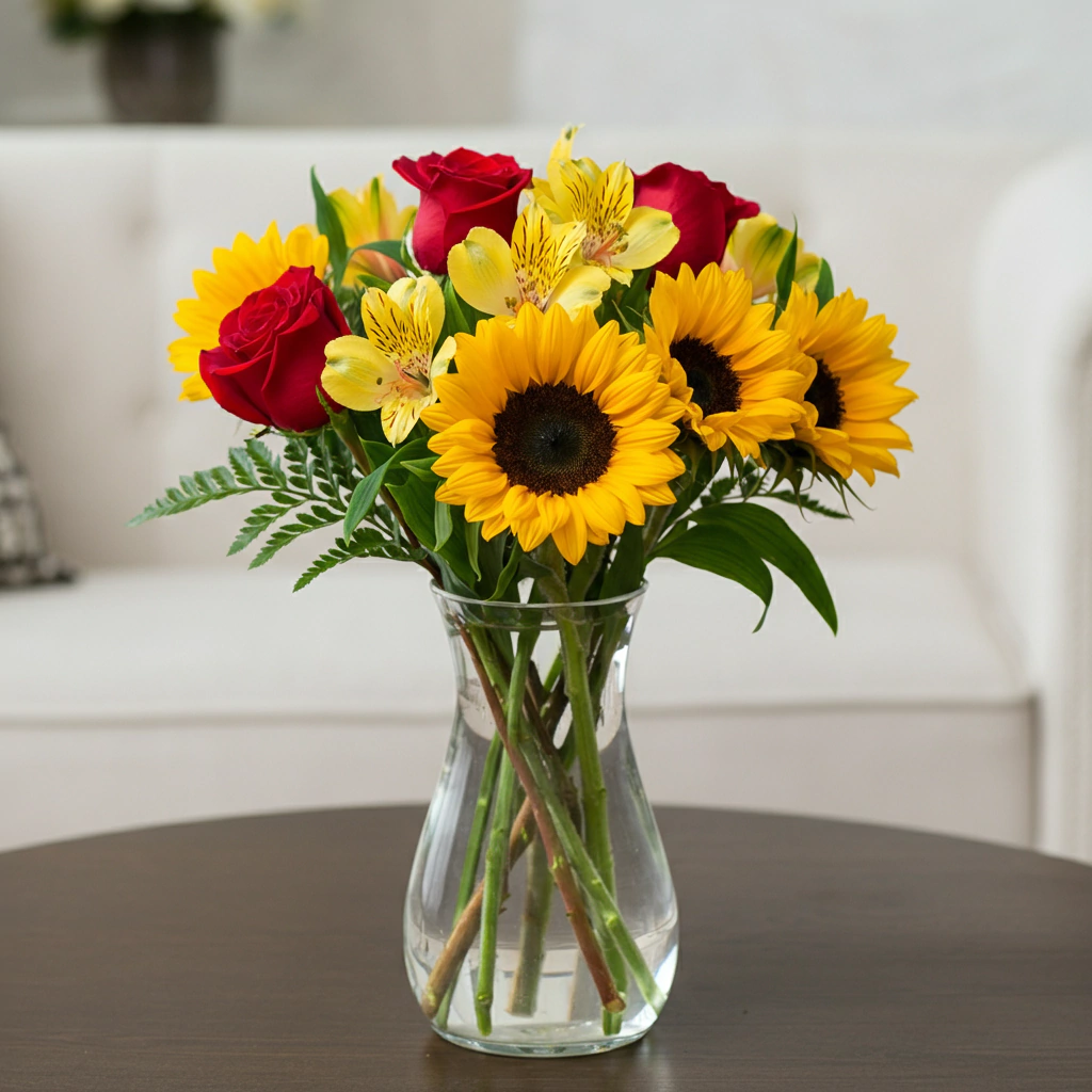 Bouquet girassol + rosas vermelhas