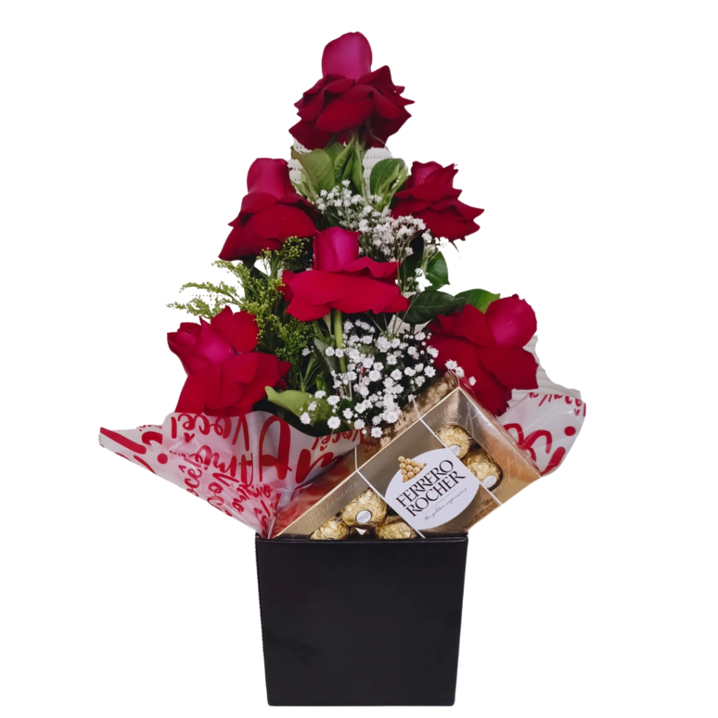 Bouquet 06 Rosas vermelhas + 01 Ferrero Rocher