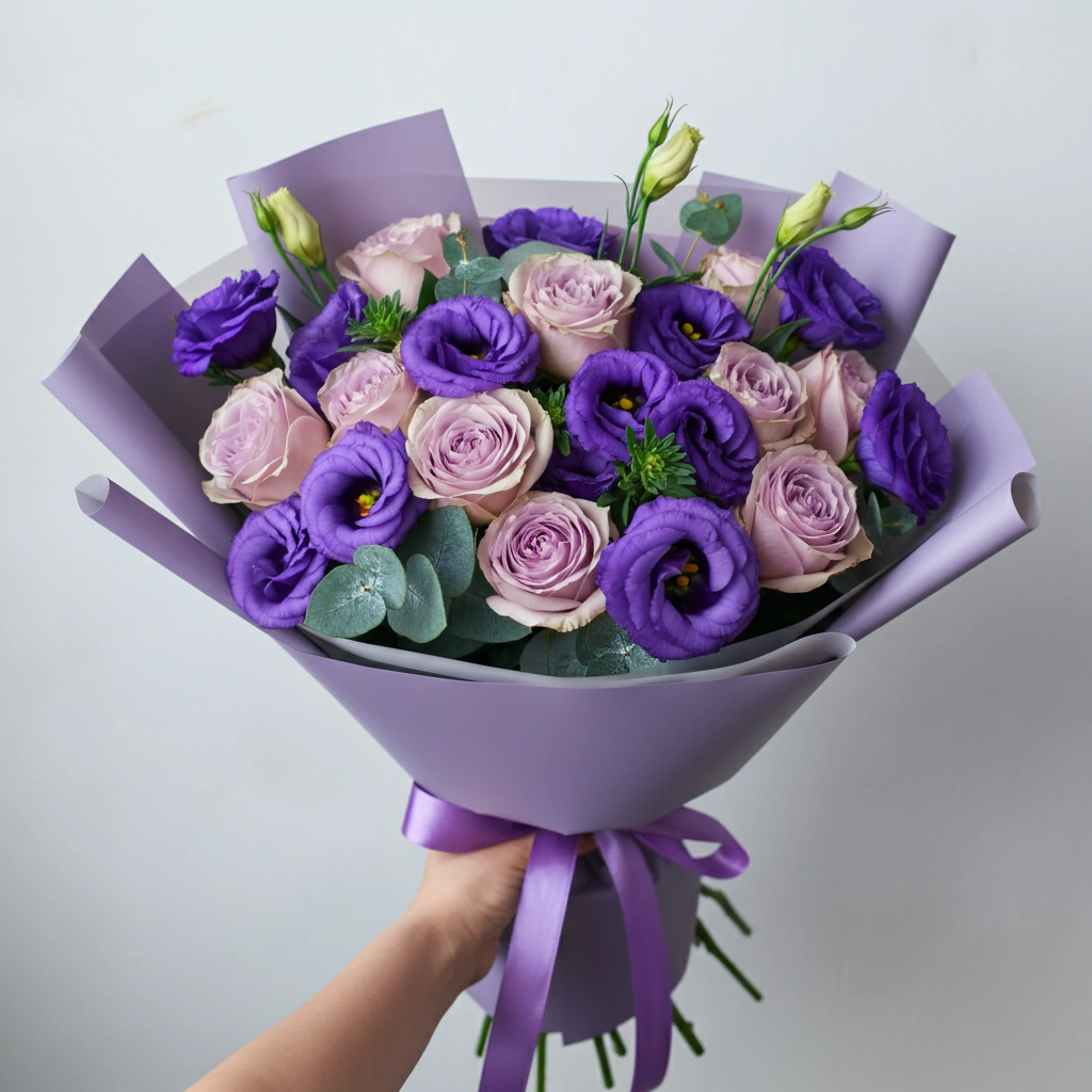Bouquet de Lisianthus roxos e rosas