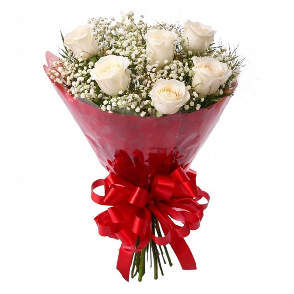Bouquet 06 Rosas Brancas + Gipsofilas brancas