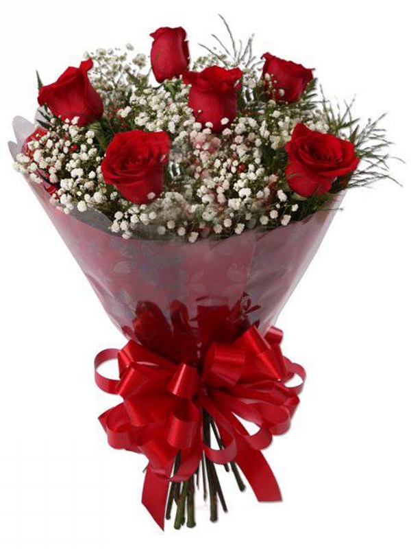 Bouquet 06 rosas vermelhas + Gipsofilas brancas